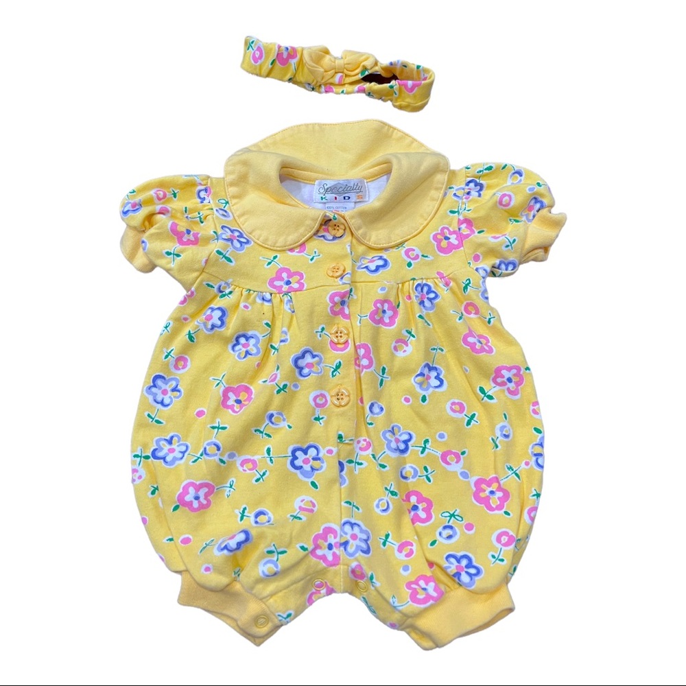 Vintage Yellow Floral Specialty Kids Bubble Romper & Matching Headband 3/6 mnths